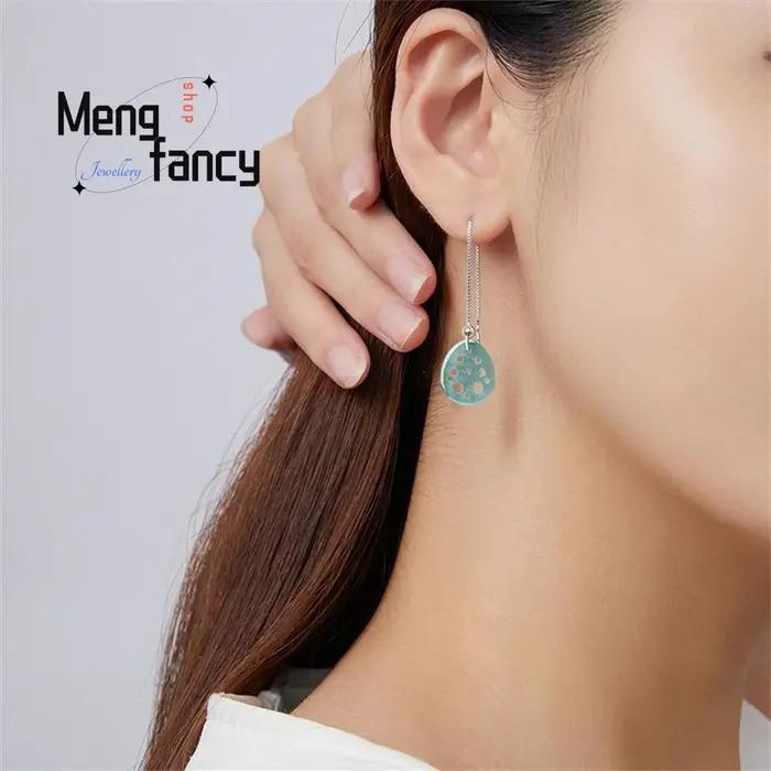 Boucles d'oreilles en jadéite naturelle avec fil d'oreille en argent S925, style ancien personnalisées pour femmes, bijoux à la mode pour occasions spéciales