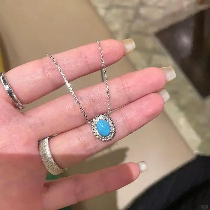 Collier ovale en argent 925 pour femmes, torsades exquises incrustées de diamants, pendentif Turquoi