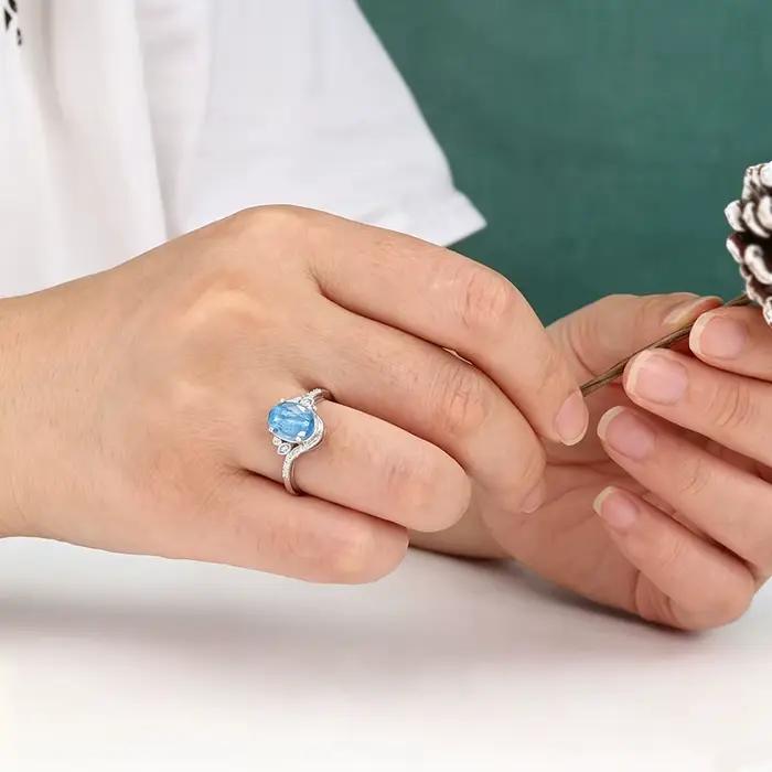 Bague en topaze bleue ciel naturelle de luxe léger pour femme, bijoux en argent sterling 925, cadeau d'anniversaire