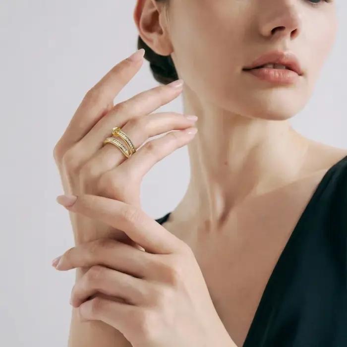 Bague élégante à double bande en argent plaqué platine avec zircons baguette