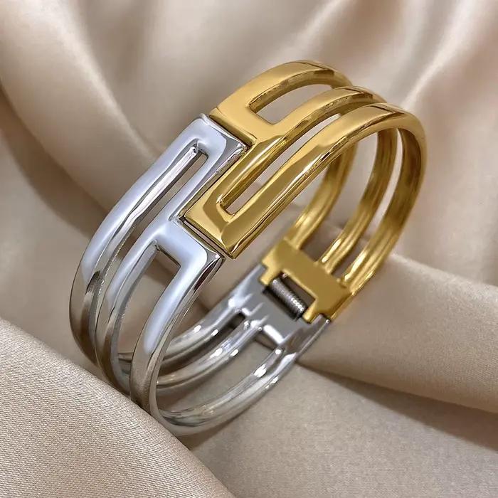 Greatera – Bracelet métallique à ouverture en métal lourd pour hommes, deux tons ajourés, géométrie Chic, haute qualité, bijoux pour femmes, cadeau, nouveau