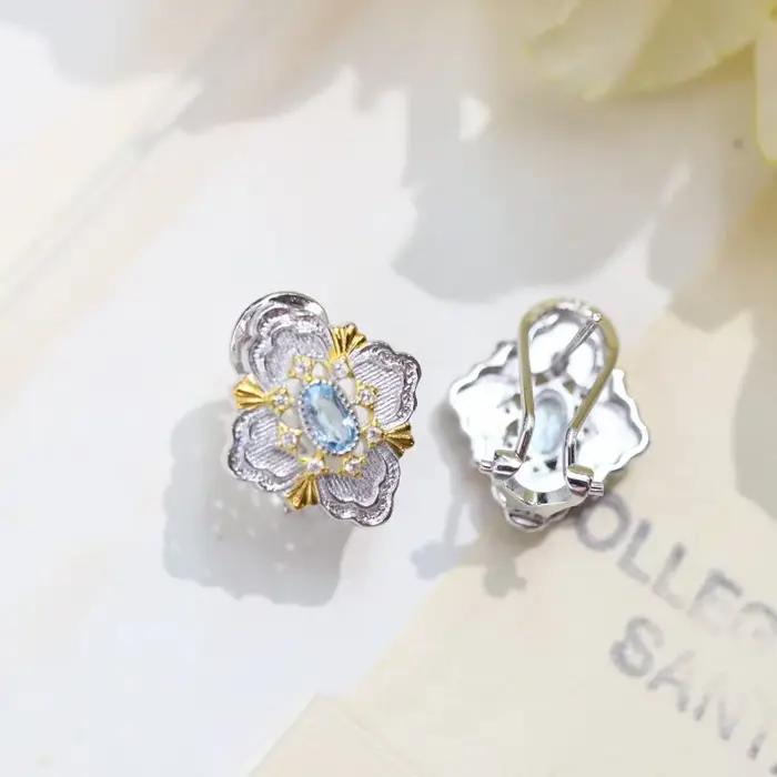 Brach Style 925 argent or topaze naturelle et Agate verte boucles d'oreilles fleur ornée bijoux d'inspiration Vintage
