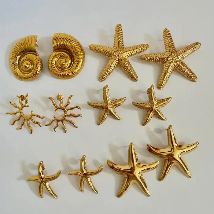 Uworld mode océan mer étoile boucles d'oreilles 18K couleur or plaqué acier inoxydable lisse grande taille