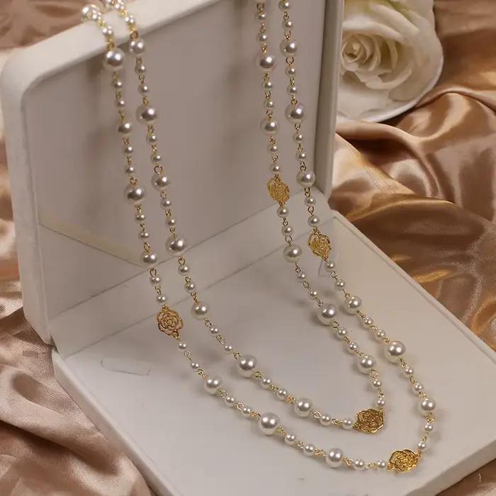 Vintage dame camélia perles fleur Long collier chaîne élégant Double couches mode bijoux pour les femmes fête Collares de moda