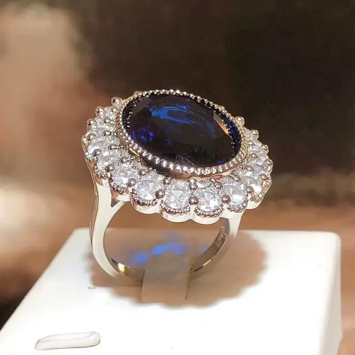Bague de couple en diamant plaqué argent pour femme, saphir dominateur, grand nar, bleu foncé, géométrique, cadeau de bijoux pour les travailleurs, nouveau