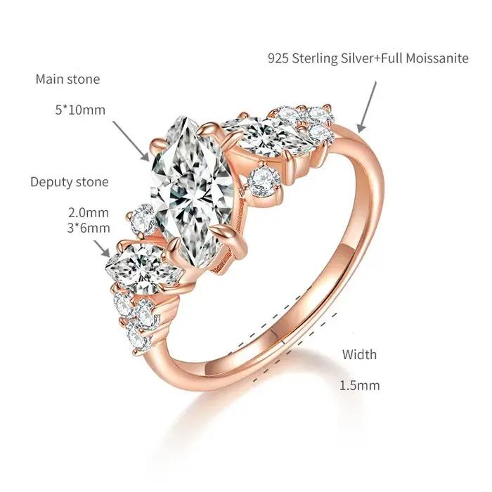 Bague en argent 925 plaqué or rose 18 carats avec moissanite pleine taille marquise irrégulière 1 carat D VVS1 pour