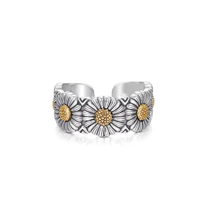 Bague ouverte réglable en forme de marguerite rétro pour hommes et femmes, Punk gothique, bijoux en