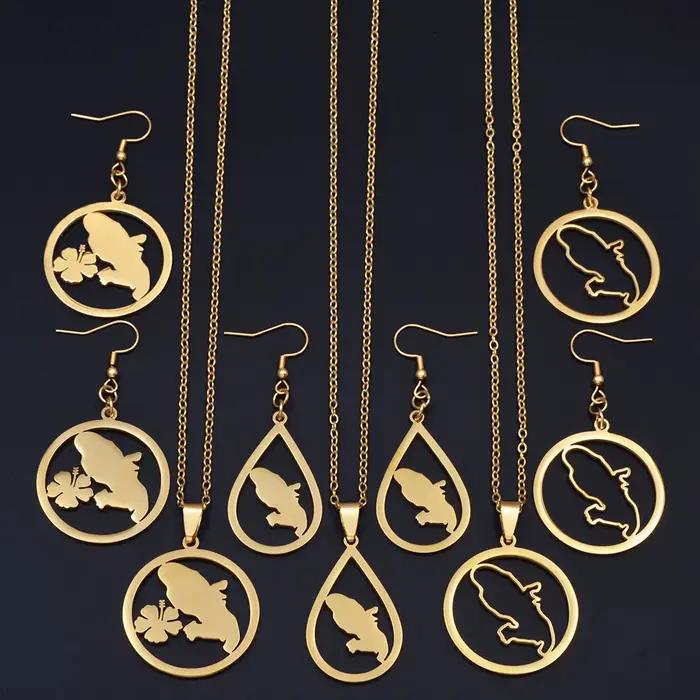 1 ensemble de colliers et boucles d'oreilles avec pendentif fleurs et carte de la Martinique pour femme, bijoux DOM France # 600062