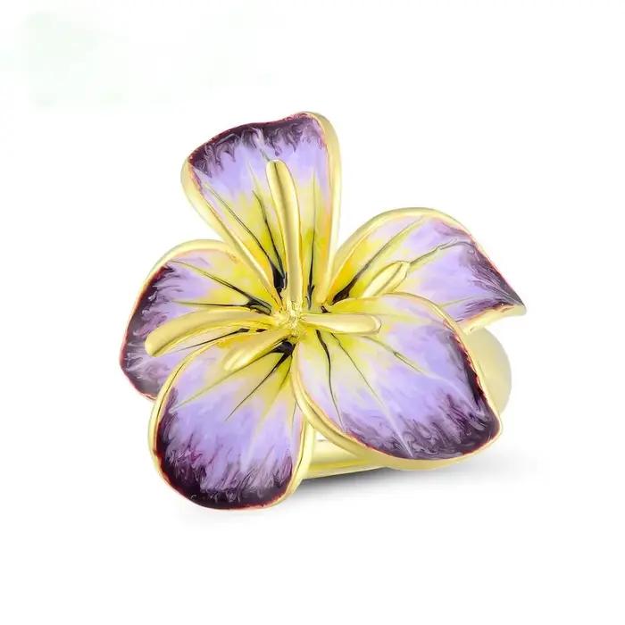 Bague de mariage bohème grande fleur or jaune émail zirconium violet pour femmes grandes occasions partys soirée elegance