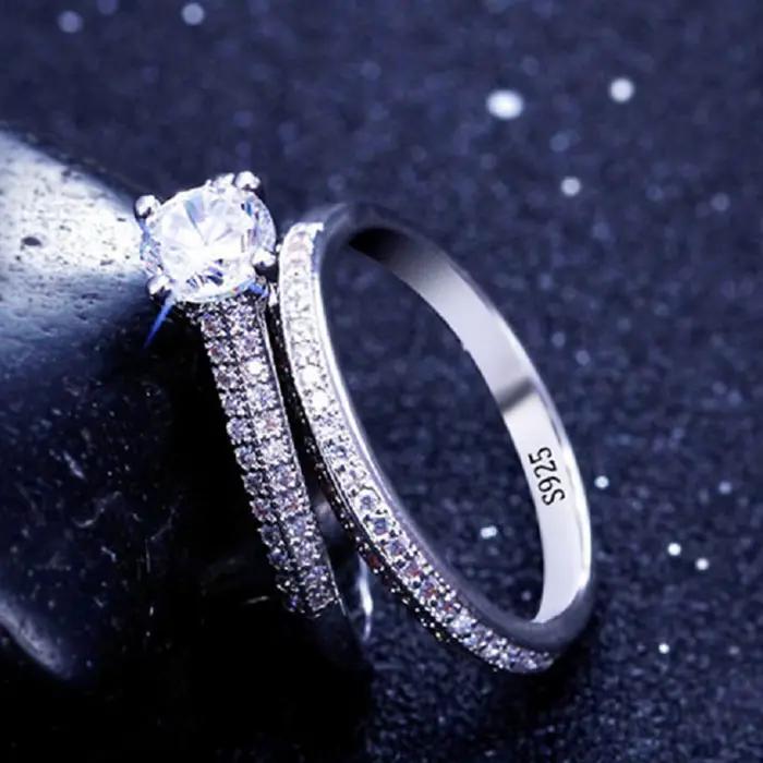 1 paire de bagues de mariage Vintage Halo en argent Sterling 925 pour femmes