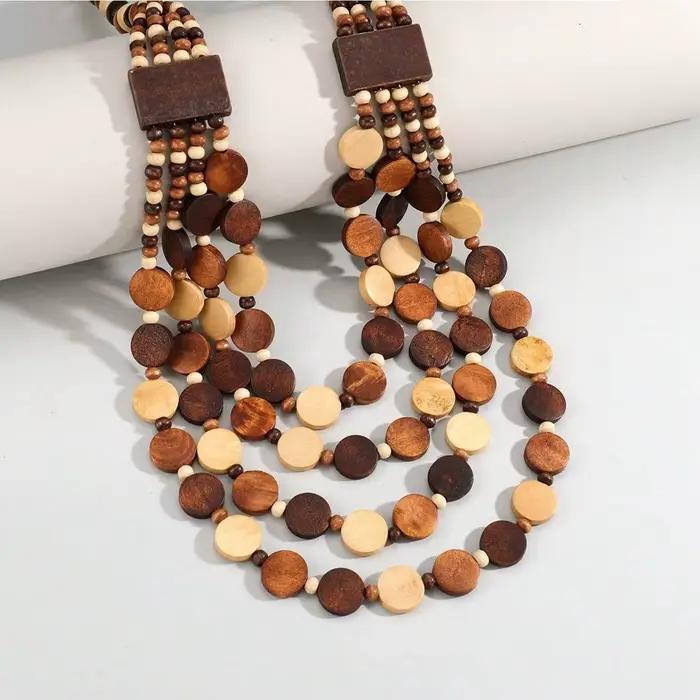 Collier ethnique bohème pour femmes multifaces en bois, style tribal, cadeau d'anniversaire original, bijou de fête, idéal pour les soirées mondaines et les sorties entre amies