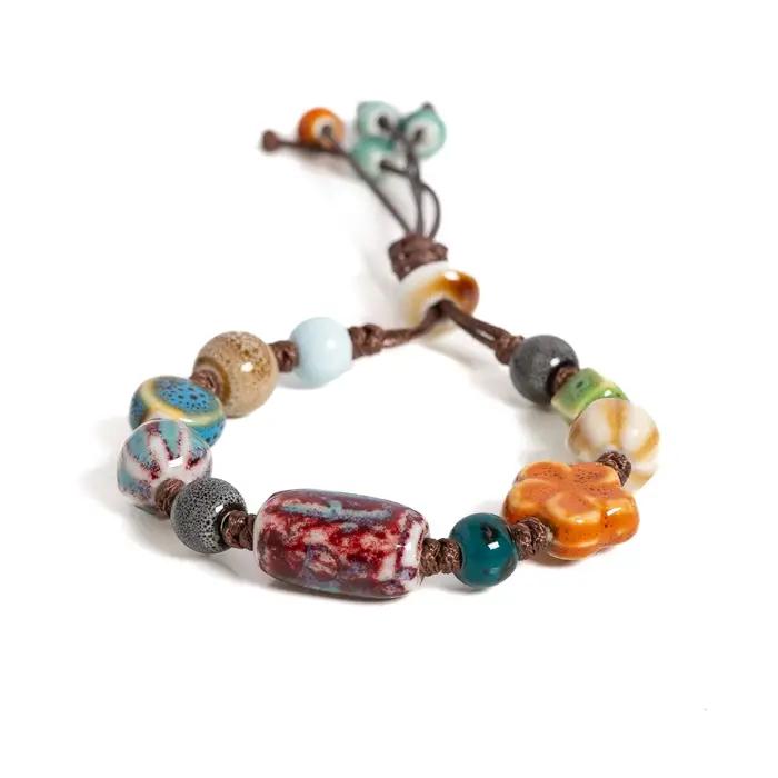 Bracelet de perles en céramique fait à la main réglable Boho tissé bijoux Vintage Style ethnique cadeau pour femmes accessoires mode et artisanat occasions spéciales