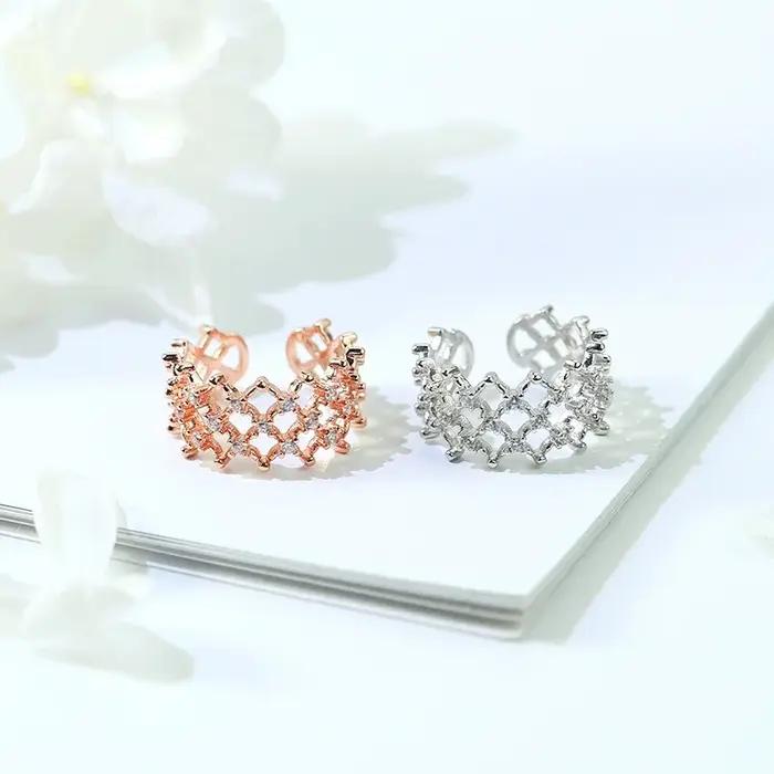Mode créative maille caractéristiques 925 en argent Sterling redimensionnable anneaux femmes bijoux losange Net strass or Rose bague