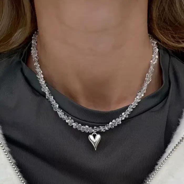 Collier pendentif coeur en cristal Boho Barlotte chaîne de perles imitation bijou pour femmes occasions spéciales anniversaire Saint Valentin