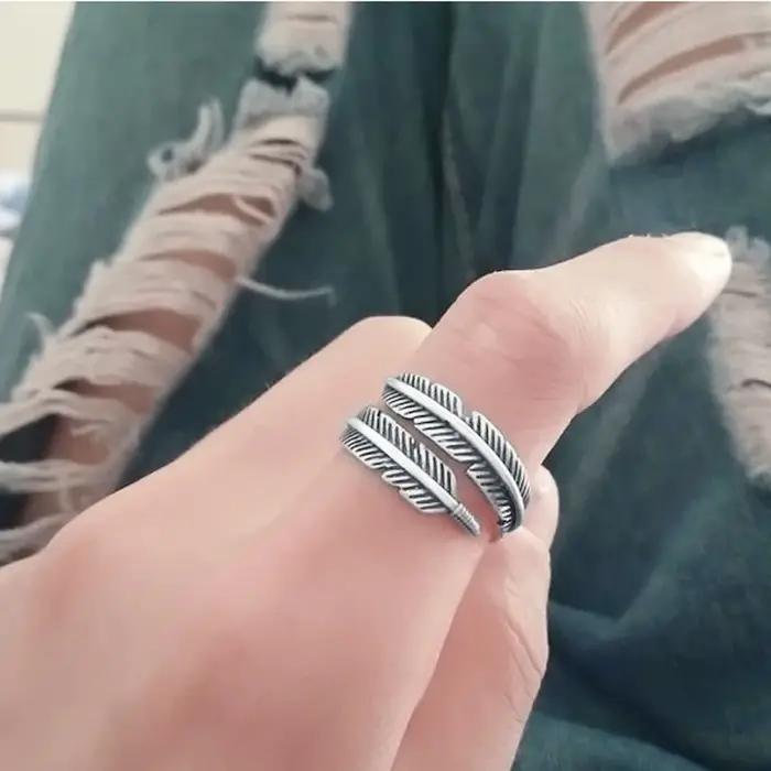 Anneaux de plumes en argent regardé 925 pour femmes
