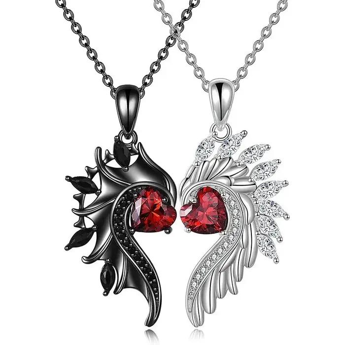 Boucles d'oreilles à ailes gothiques, clous de démon d'ange avec cœur de rubis rouge, bijoux en strass transfrontaliers, cadeau de bijoux de mode de Festival gothique