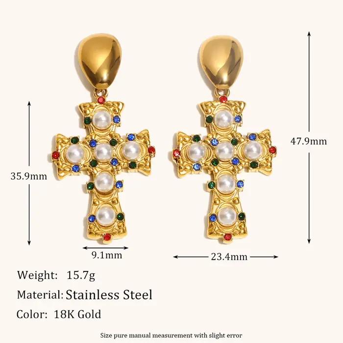 La. Collier et boucles d'oreilles pour femme en acier inoxydable avec pendentif croix incrusté de zircon coloré et de