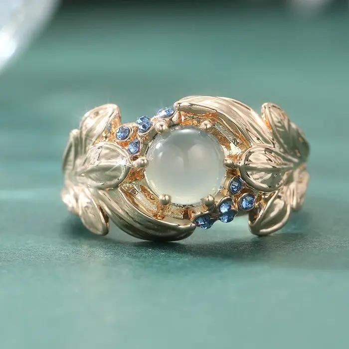 Bague en feuille d'aigue-marine synthétique faite à la main, élégante et raffinée, pour femmes, accessoires de bijoux de charme pour banquets et festivals