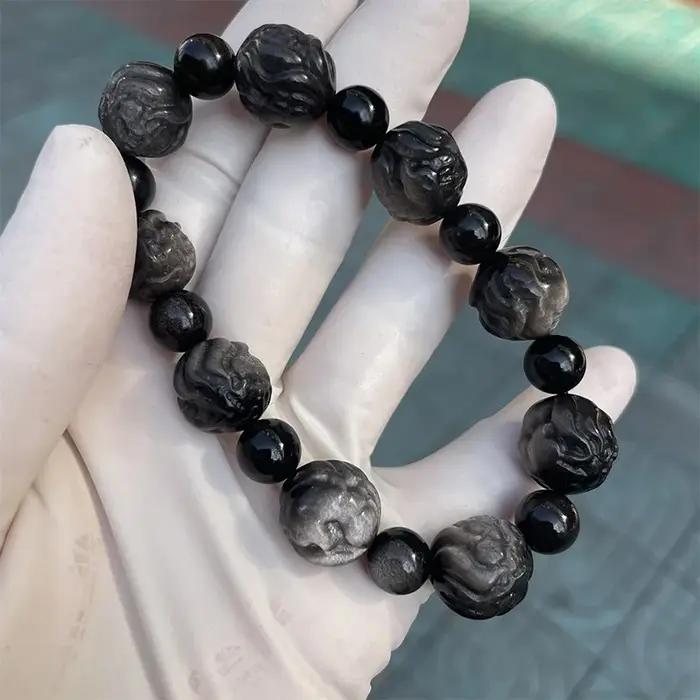Bracelet sculpté en forme de renard et de Lion, personnalisé naturel, perles d'obsidienne en argent,
