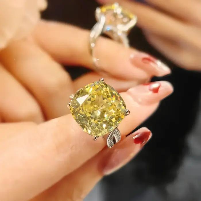 Bague de fiançailles en argent sterling 925 avec diamant jaune luxueux taillé en glace pour femme