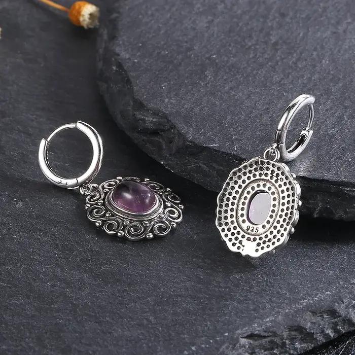 Boucles d'oreilles ovales en argent Sterling 925 avec pierre de lune et améthyste pour femmes occasions spéciales mariage elegant