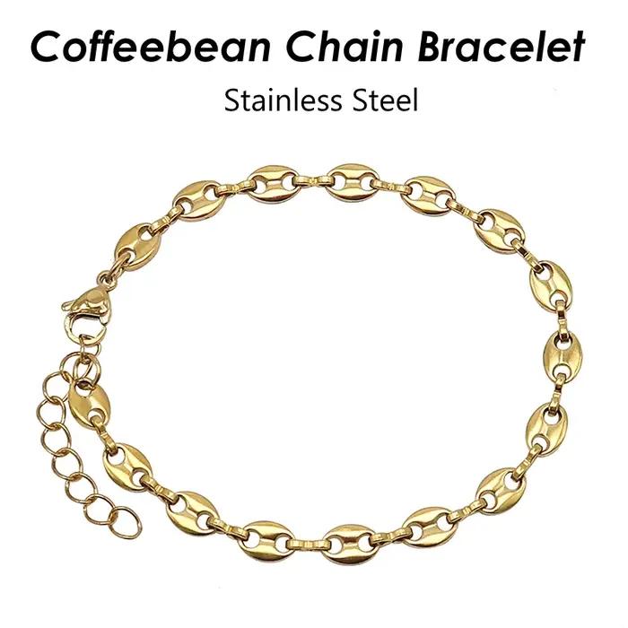 Lot de 10 bracelets à chaîne en grains de café en acier inoxydable plaqué or