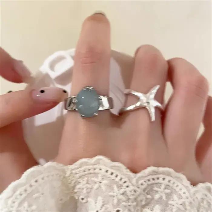 Bague incrustée d'étoile de mer bleu de mer, Style doux et minimaliste, Design de Niche pour femme, anneau de luxe léger à bouche ouverte, Index