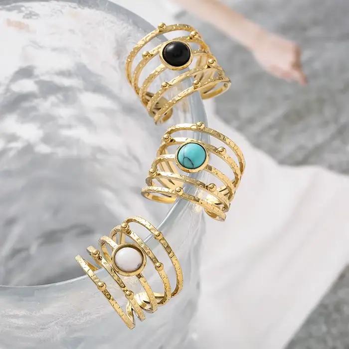 Bague ouverte en pierre naturelle creuse Boho pour femme