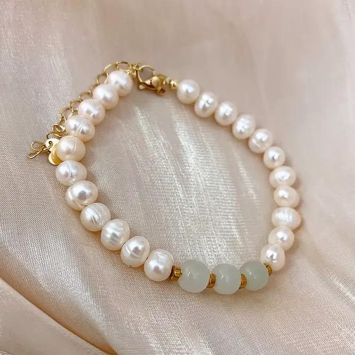 Bracelet en perles d'eau douce baroques et pierre de Jade naturelle