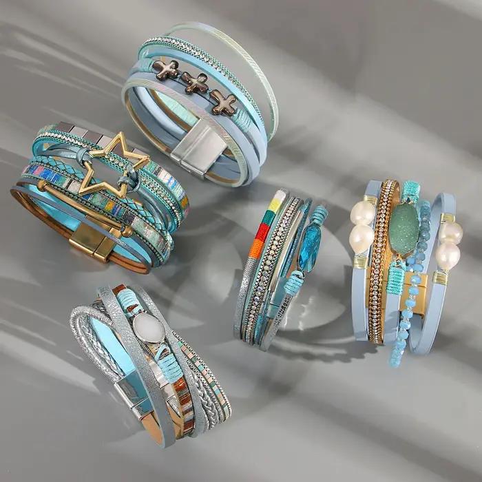 ALLYES Vintage Bracelet en cuir bleu pour femmes Boho étoile perle cristal tressé multicouche Wrap