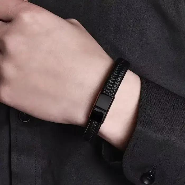 Bracelet magnétique Vintage en cuir PU noir pour hommes