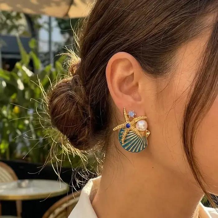 Boucles d'oreilles tendance en forme de coquillage et d'étoile de mer pour femmes