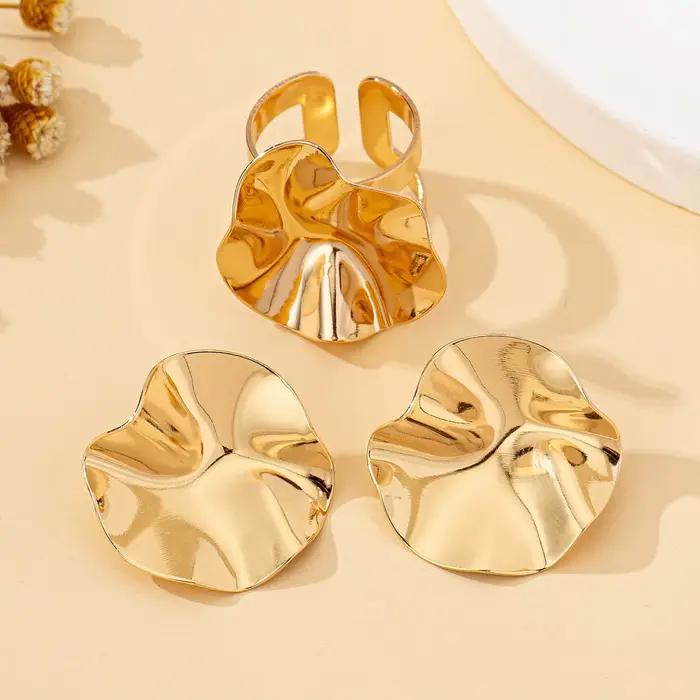 Ensemble de bijoux pour femmes, boucles d'oreilles rondes irrégulières en métal et bague, adapté à u