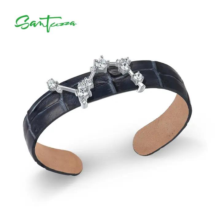 Bracelet en argent sterling 925 et cuir véritable ajustable pour femmes, bracelet constellation zirconium rouge noir bleu marron occassionnels elegance