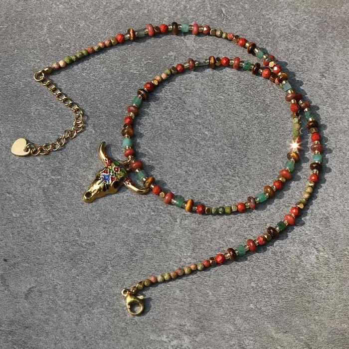 Collier avec pendentif tête de taureau coloré en pierre naturelle pour femmes, accessoire ethnique b