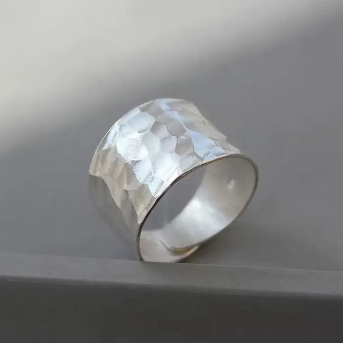 Bague originale en argent 925 avec motif de marteau large, bague classique simple, bijoux de banquet