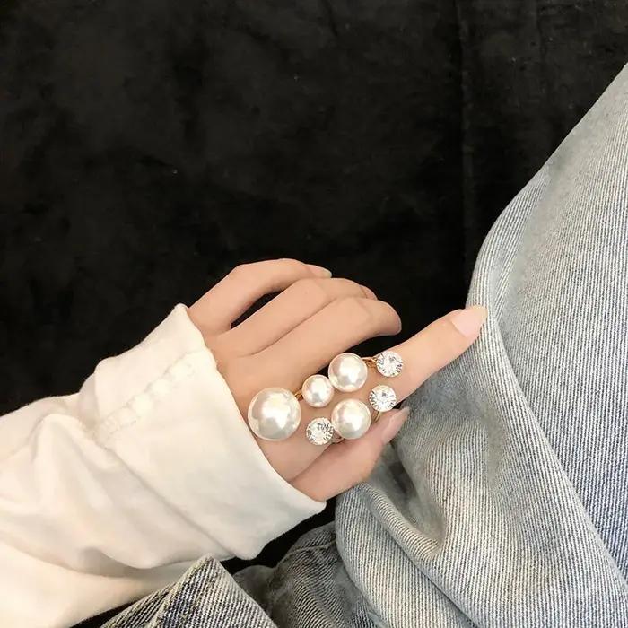 Bagues Vintage en perles blanches Double couche pour femmes