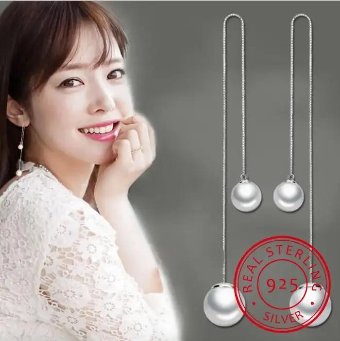 Fashion 925-Sterling-silver Perle Simulée JOEarring Ear Line sulfBoucles d'Oreilles 12cm Pour Femmes