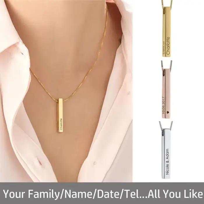 Collier de barre personnalisé en acier inoxydable avec pendentif gravé pour femme pour occasions spéciales comme l'anniversaire