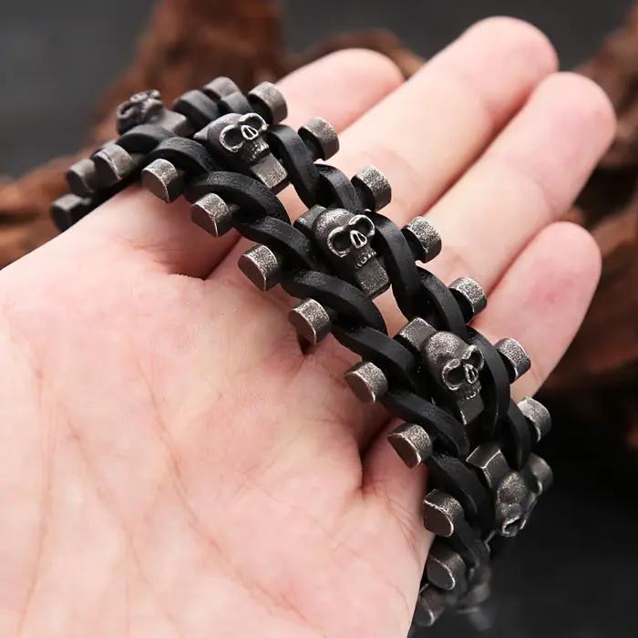 Bracelets en cuir tressé crâne noir dominateur pour hommes