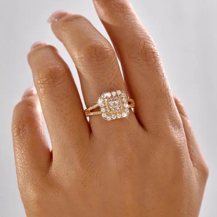 Bague Vintage Carrée à Grappe pour Femme en Laiton et Zircon, Style Art Déco, avec Halo à Branches D