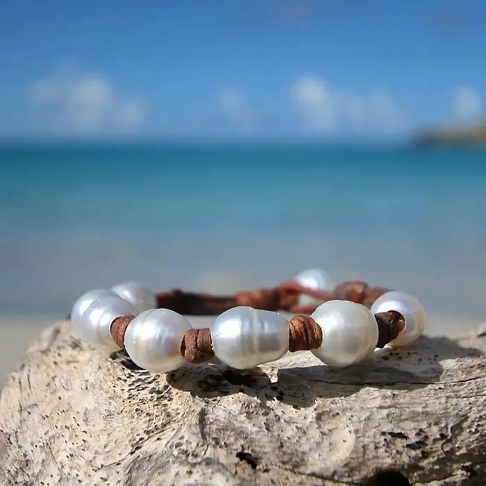 Bracelet unisexe en cuir avec perles de Tahiti véritable