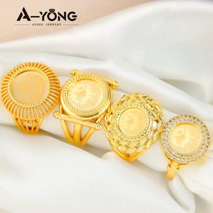 Bague de pièces d'or turques plaquée or 21 carats sertie de zirconium pour femmes - Alliances de mariage traditionnelles - Bijoux de fête pour occasions spéciales
