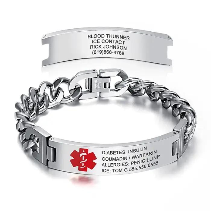 Bracelet d'urgence personnalisé avec informations médicales gravées en acier inoxydable pour femmes et hommes occasions spéciales identité médicale tracker humeur