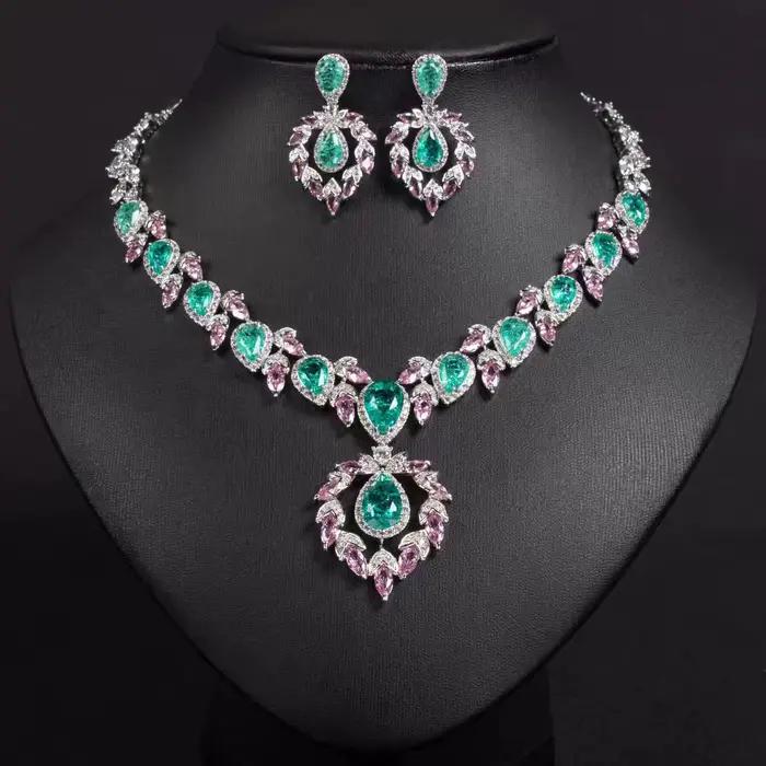 Parure de bijoux rose et vert de luxe léger, collier et boucles d'oreilles élégants, pour mariée, ro