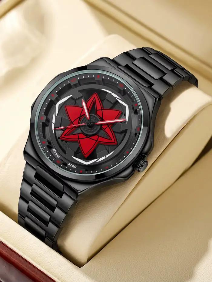 Montre à bracelet en acier pour hommes – Style Cool noir, cadran tendance rotatif, cadeau de vacances créatif