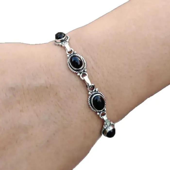 Bracelets en argent avec onyx noir au charme rétro pour femmes et hommes