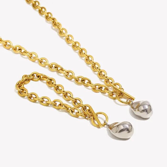 E.B.belle OT boucle acier couleur solide cacahuète pendentif collier Bracelet plaqué or 18 carats