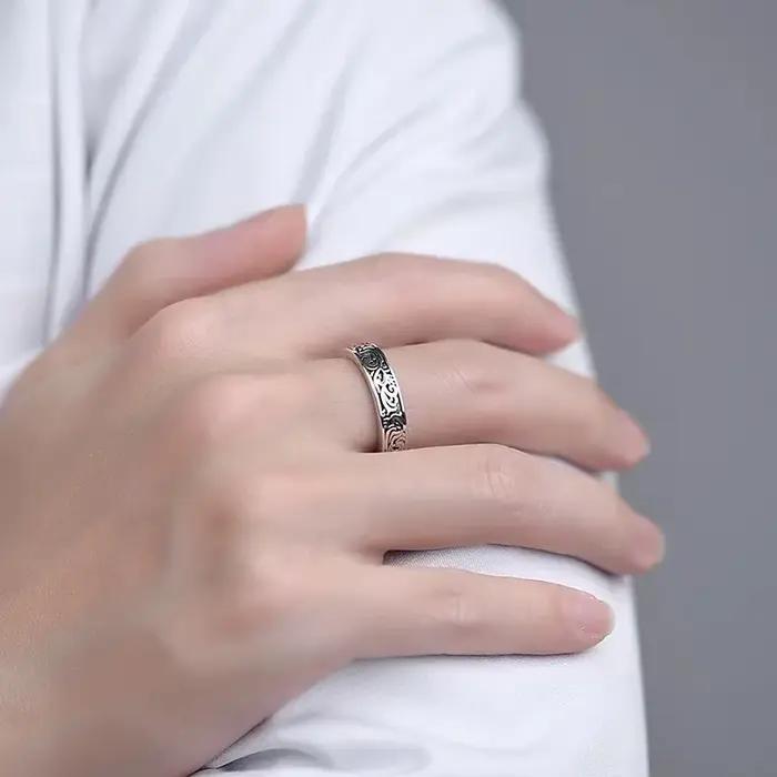 Bague en argent sterling 925 réglable avec motifs rétro pour femme et homme