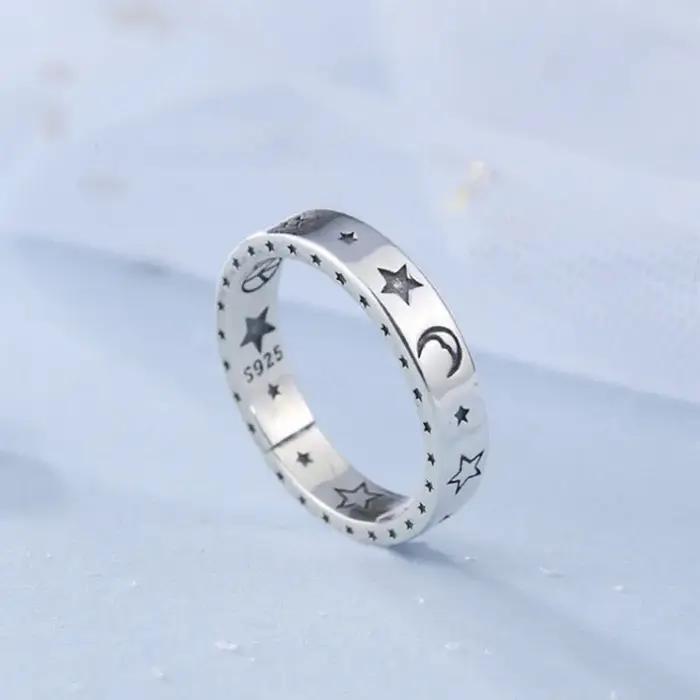 Bague en argent sterling 925 sertie de l'étoile et de la lune pour femmes, bijou de luxe pour mariages, fiançailles, anniversaires et occasions spéciales
